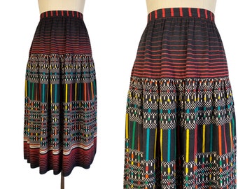 Vintage 1970s Colorful Abstract Print Midi Skirt Size M