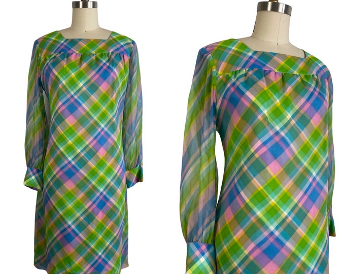 Vintage 1960s Pastel Rainbow Plaid Chiffon Shift Dress | Size M