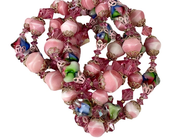 Vintage 1960's Pink Glass Beaded 2 Strand Necklace
