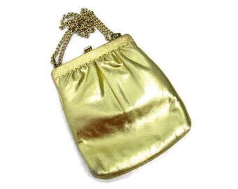 Vintage 1960s Gold Lame Handbag 60s Shimmering Yellow Gold Evening Purse with Long Chain Strap