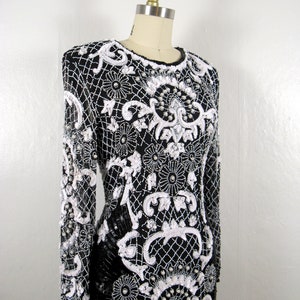 Vintage 1980s Black and White Beaded Silk Dress by Sweelo Size M image 4