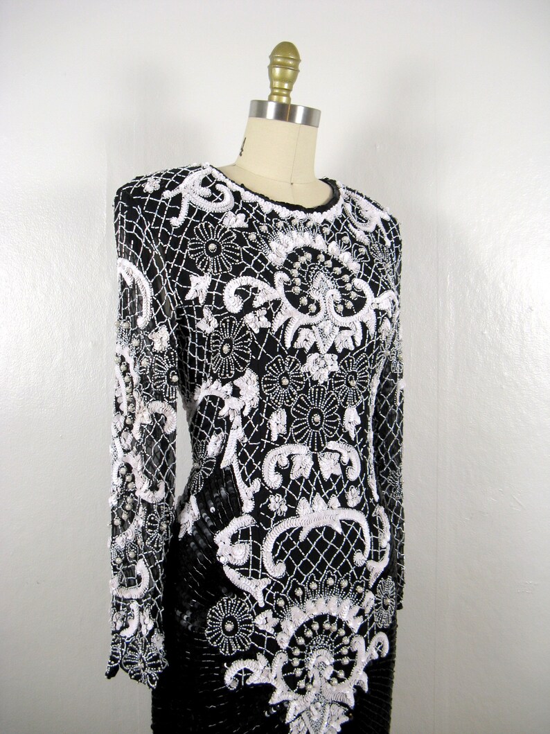 Vintage 1980s Black and White Beaded Silk Dress by Sweelo Size M image 4