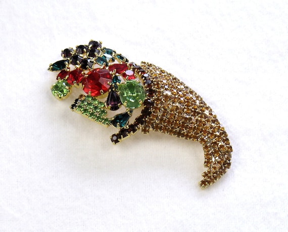 Vintage 1950s Colorful Rhinestone Cornucopia Broo… - image 3