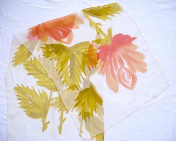 Vintage 1960s Sheer Silk Painted Print Floral Nec… - image 2