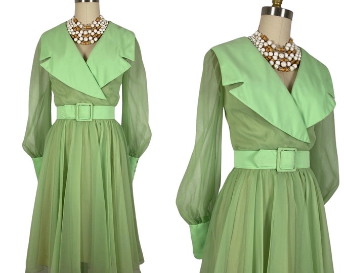 Vintage 1970s Pastel Green Chiffon Dress with Oversized Collar by COCO | Size M