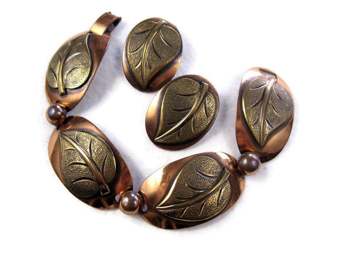 Vintage 1950s Copper Leaf Bracelet and Earring Set