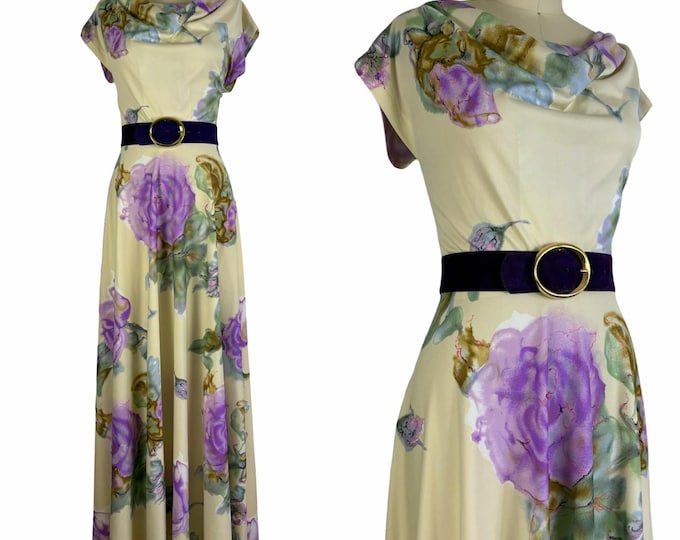 Vintage 1970s Beige Polyester Knit Maxi Dress with Purple Roses by Solo | Size M