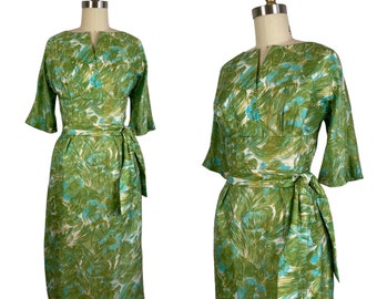 Vintage 1960s Silk Shantung Brushstroke Floral Print Dress by Weber and Franks | Size M