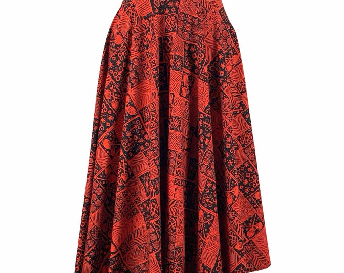 Vintage 1950's Red and Black Block Print Cotton Half Circle Skirt | Size S