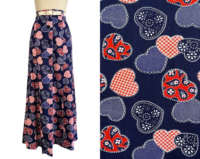 Vintage 1970s Cotton RWB Heart Patch Print Maxi Skirt Size S