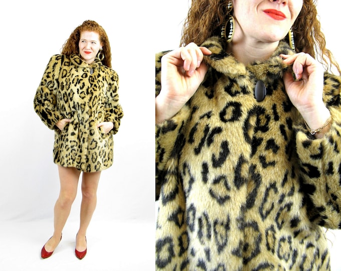 Vintage 1960s Faux Fur Leopard Print Coat 60s Fabulous Faux Leopard Coat Size M/L