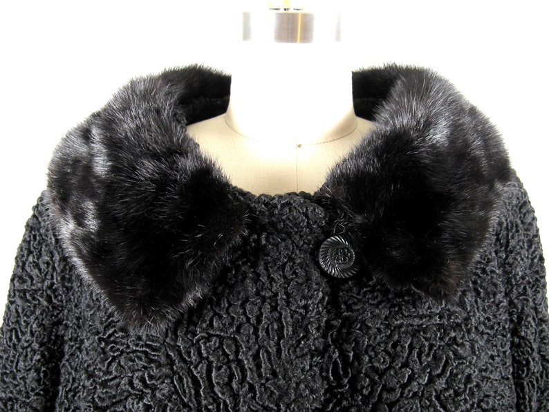Vintage 1950s Black Astrakhan Fur Coat with Black Rolled Mink Collar Size M