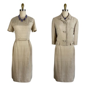 Vintage 1950s Silk Shantung Dress and Jacket Set 50s Cocktail Suit with Fabulous Details by Wolf Brothers Size S/M