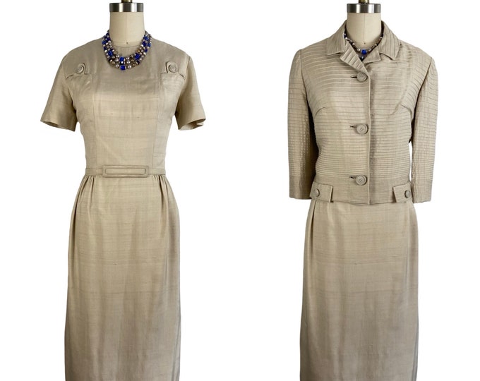 Vintage 1950s Silk Shantung Dress and Jacket Set 50s Cocktail Suit with Fabulous Details by Wolf Brothers Size S/M
