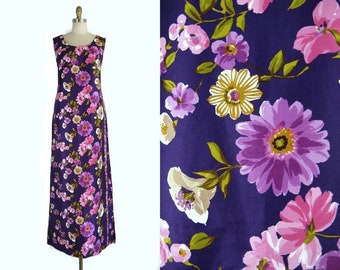 Vintage 1960s Purple Floral Cotton Column Dress Size M by Holly