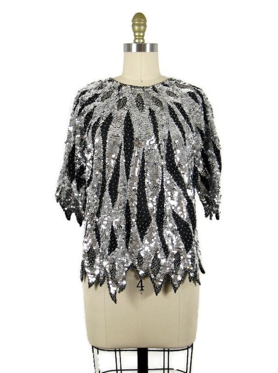 Vintage 1980s Silver and Black Abstract Sequin Bl… - image 2