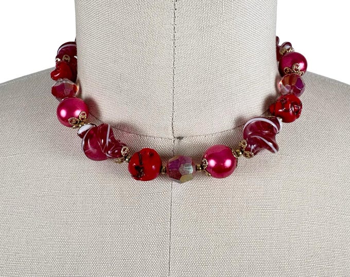 Vintage 1960's Red and Pink Aurora Borealis Glass Beaded Necklace by CORO