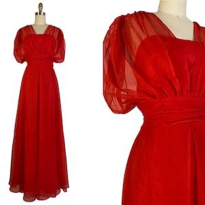 Vintage 1970s NOS Red Chiffon Gown with Grecian Style Bodice Size S/M