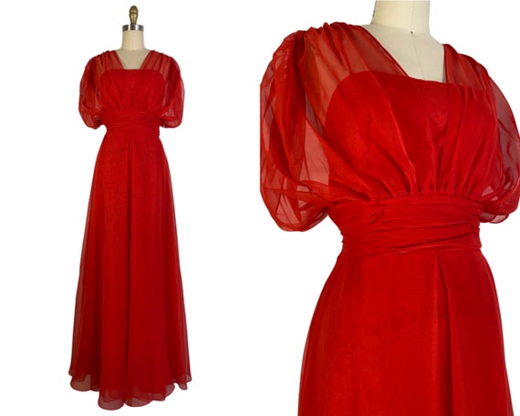 Vintage 1970s NOS Red Chiffon Gown with Grecian S… - image 1
