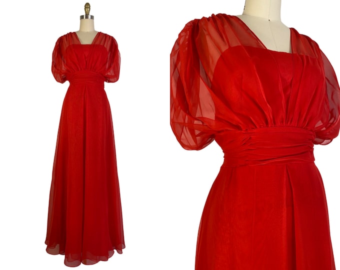 Vintage 1970s NOS Red Chiffon Gown with Grecian Style Bodice Size S/M