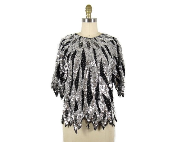 Vintage 1980s Silver and Black Abstract Sequin Bl… - image 1