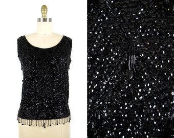 Vintage 1960s Black Sequin Knit Shell Top Blouse Size M/L