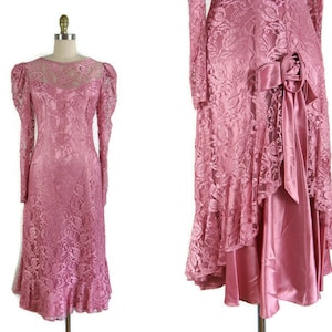 Vintage 1980s Ethereal Pink Lace and Satin Dress with Illusion Neckline Size S/M