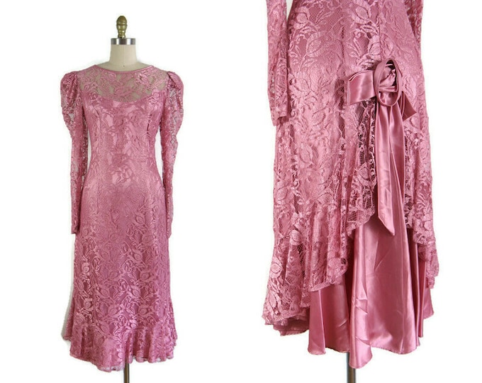 Vintage 1980s Ethereal Pink Lace and Satin Dress with Illusion Neckline Size S/M