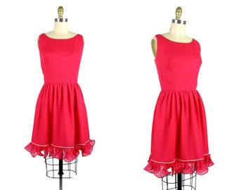 Vintage 1960s Pink Chiffon Party Dress 60s Flirty Hot Pink Dress with Ruffles Hem Size M
