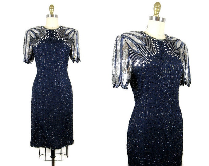 Vintage 1980s Blue and Silver Beaded Silk Dress by Laurence Kazar Size M