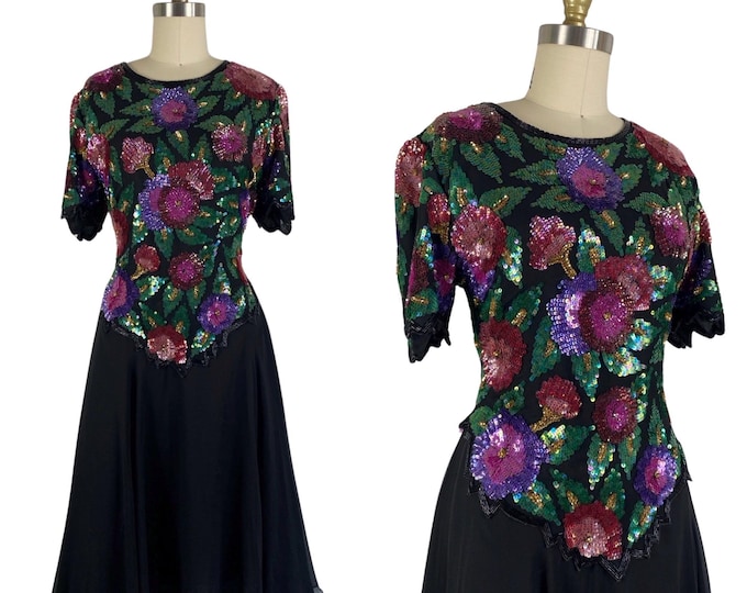 Vintage 1980's Silk Chiffon and Beaded Sequin Cocktail Dress by Laurence Kazar | Size M
