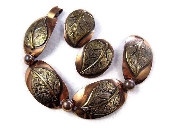 Vintage 1950s Copper Leaf Bracelet and Earring Set