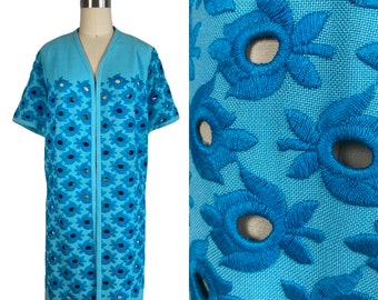 Vintage 1960s Turquoise Embroidered Linen Duster by Edith Flagg | Size M