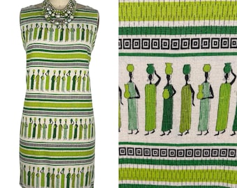 Vintage 1960s Green Cotton People Print Mini Shift Dress | Size S