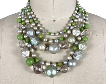 Vintage 1960s Pearly Green 5-Strand Beaded Necklace