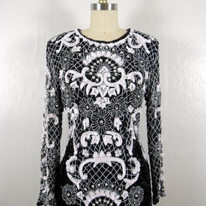 Vintage 1980s Black and White Beaded Silk Dress by Sweelo Size M image 3