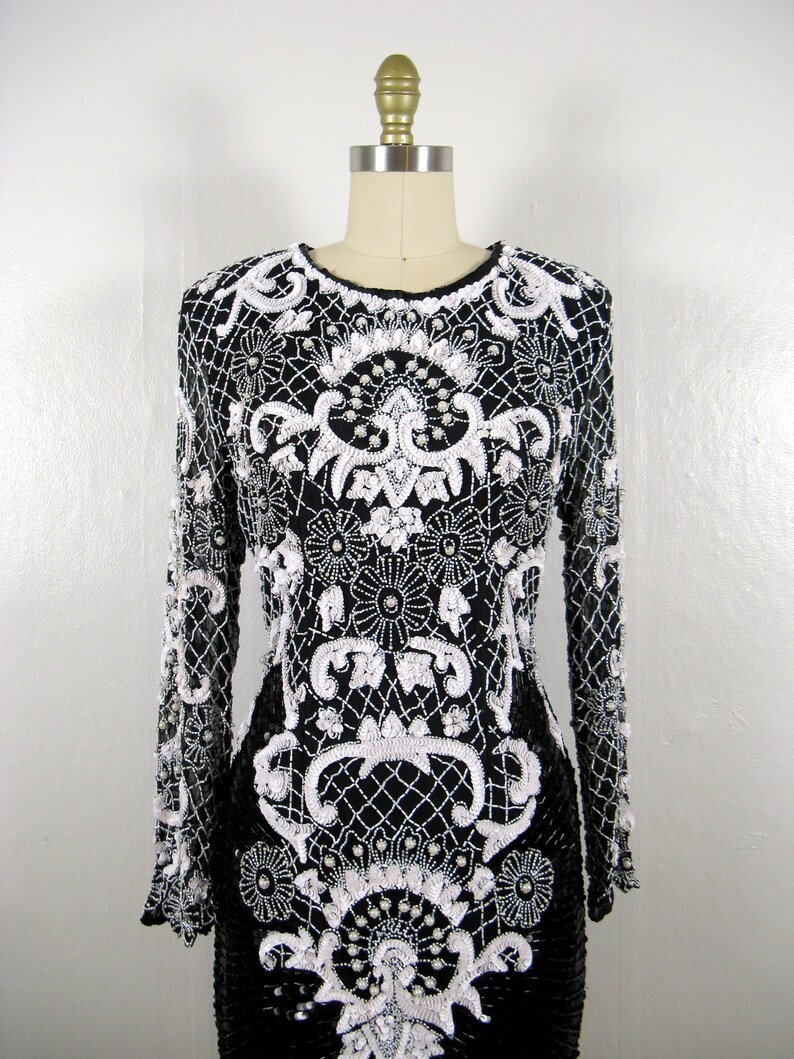 Vintage 1980s Black and White Beaded Silk Dress by Sweelo Size M image 3