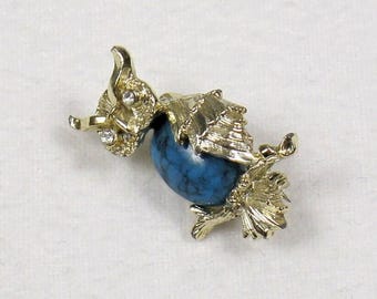 Vintage 1960s Petite Owl Brooch Pin with Blue Cabochon by Gerry's