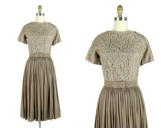 Vintage 1950s Taupe Chiffon and Lace Cocktail Dress with Belt Size M 29 Waist