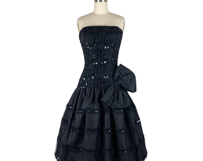 Vintage 1980s Black Tulle Strapless Cocktail Dress by Nadine Size XS