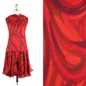 Vintage 1960s Red Paisley Silk Chiffon Cocktail Dress by Jane Andre Size S