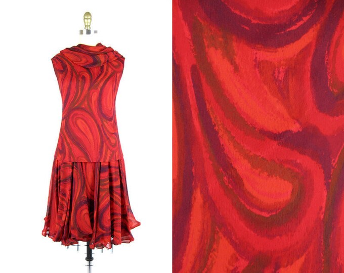 Vintage 1960s Red Paisley Silk Chiffon Cocktail Dress by Jane Andre Size S