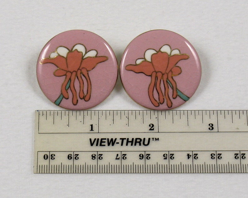 Vintage 1980's Pink Ceramic Disc Earrings with Flower image 3