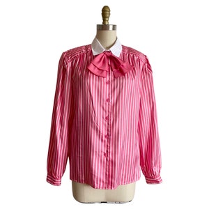 Vintage 1980s Pink Striped Secretary Blouse with Ascot Bow by Pykettes Size L