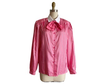 Vintage 1980s Pink Striped Secretary Blouse with Ascot Bow by Pykettes Size L