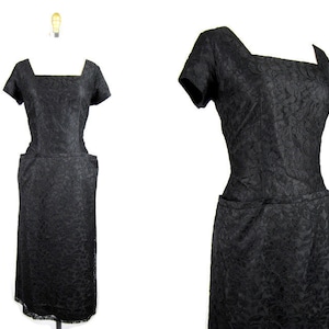 Vintage 1950s Black Lace Cocktail Dress with Pockets Size M