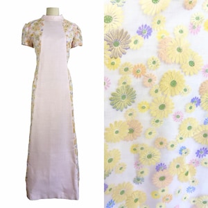 Vintage 1960's Pink Floral Flocked Floor Length Shift Dress | Size S