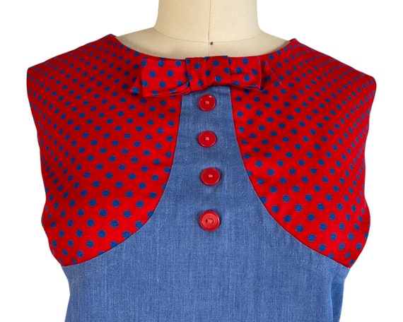 Vintage 1960s Blue and Red Polka Dot Shift Dress … - image 5