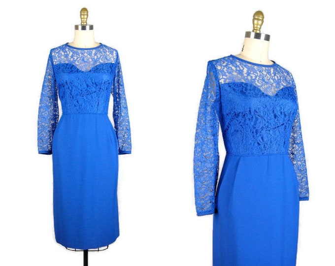 Vintage 1950s Dress 50s Cobalt Blue Rayon Lace Top Cocktail Dress Size 8/10 M 30W