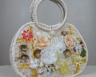 Vintage 1960s Handbag with Silk Flowers and Seashells  Cute 60s Straw Purse